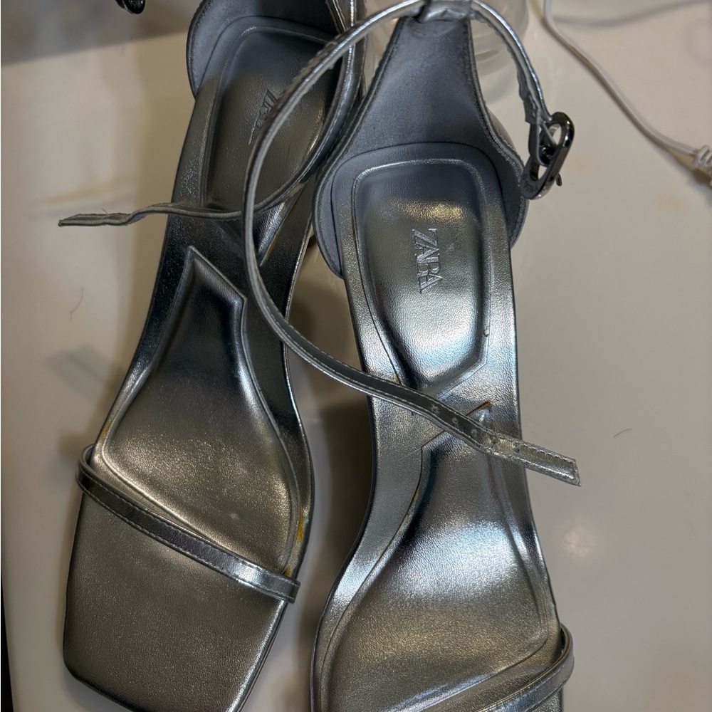 Zara Silver Square-Toe Ankle-Strap Heels